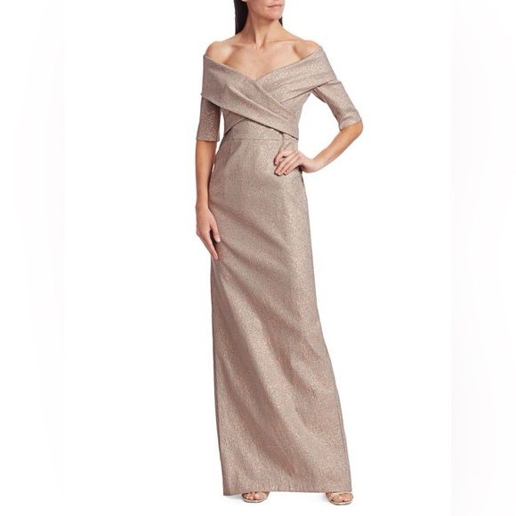 NWT Teri Jon Rickie Freeman Rose Gold Glitter Off Shoulder Column Gown Dress 8 - Picture 7 of 13